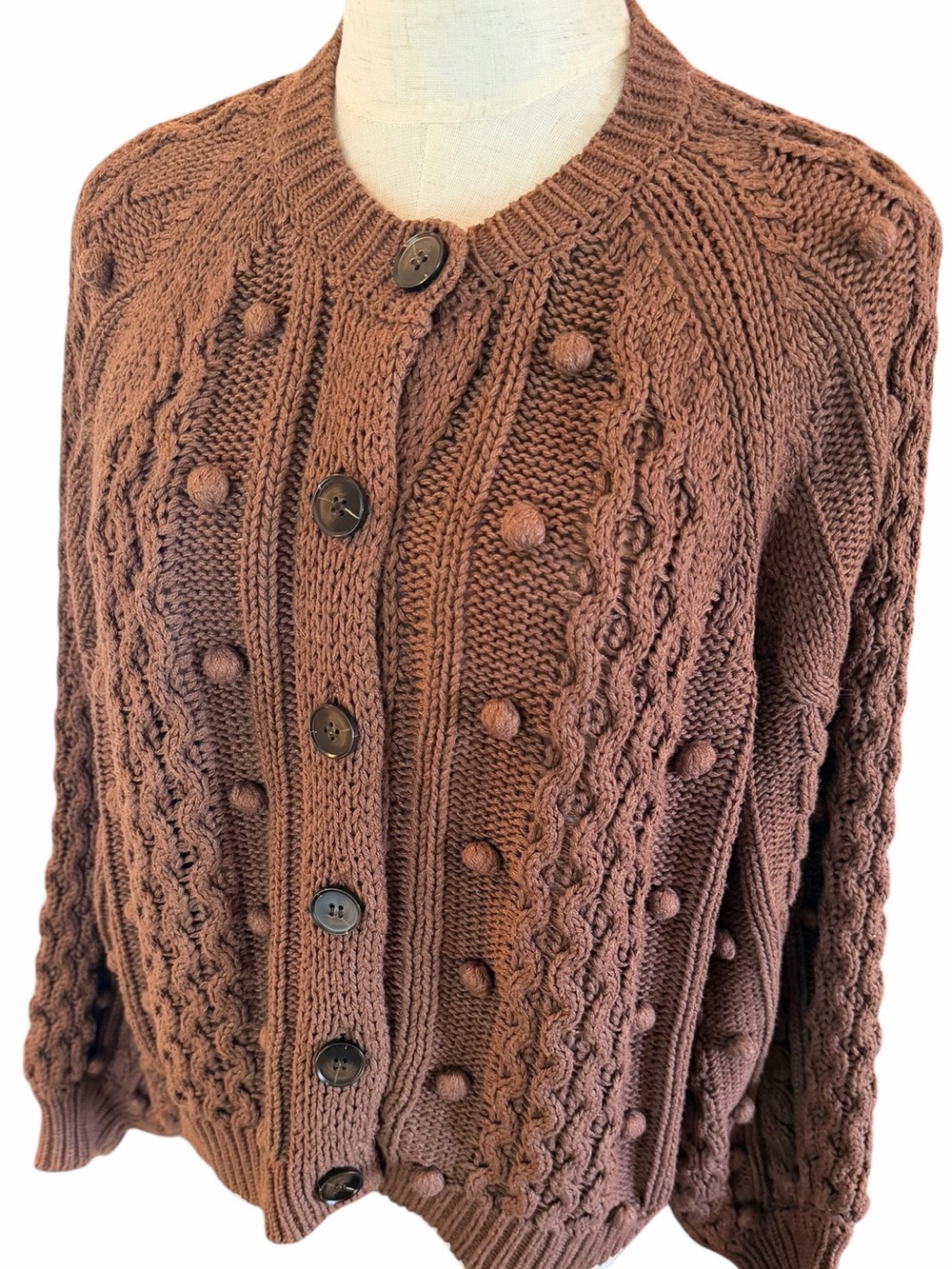 The GREAT Mountainside Cardigan Brown Cable Knit Bobble Sweater Sz 1 S - Picture 10 of 13